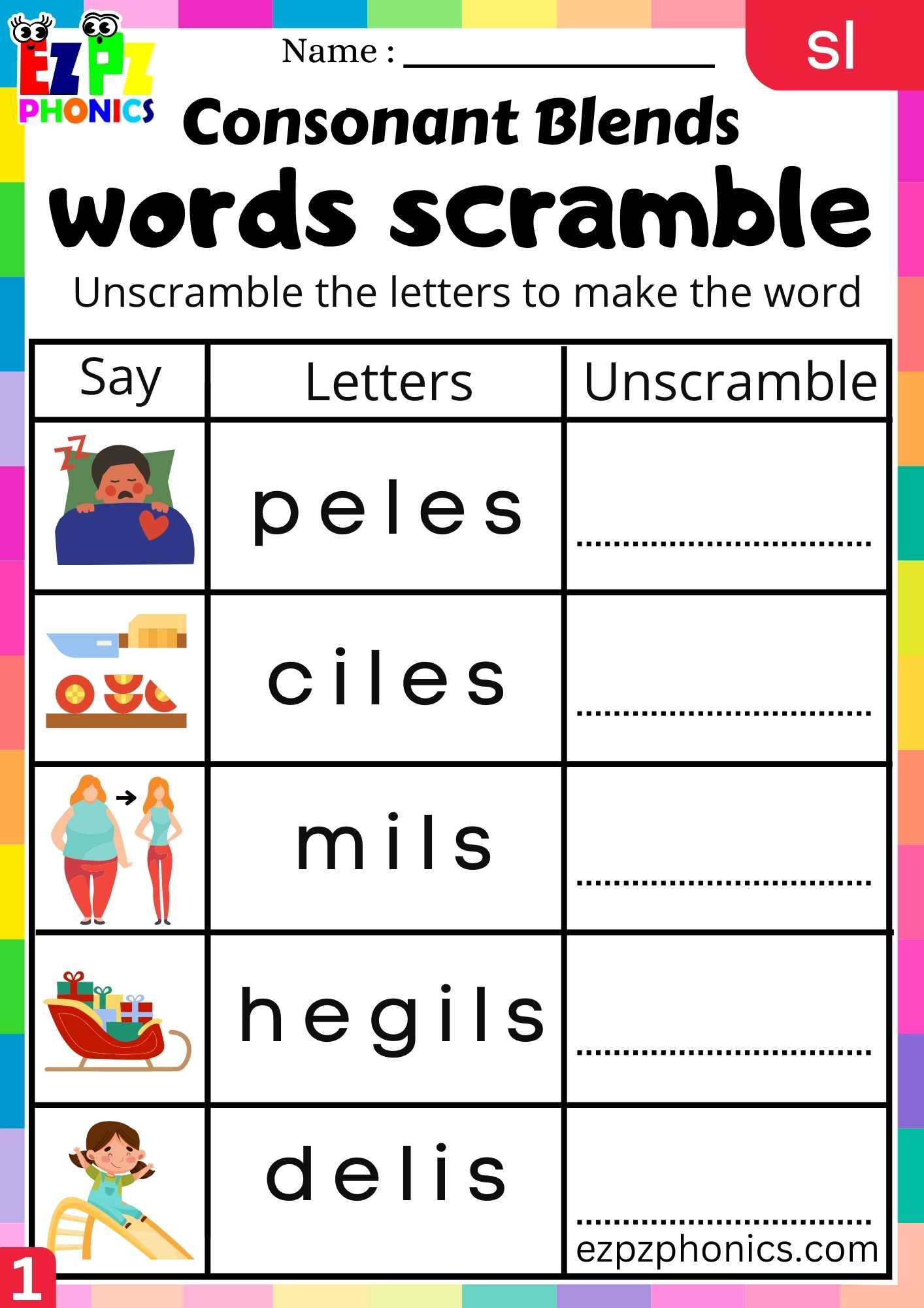 Group1 SL Words Words Scramble Phonics Consonant Blends Worksheet